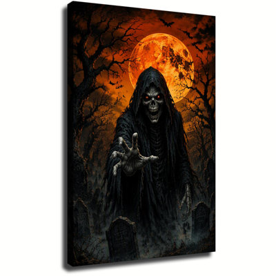 Grim Reaper Skeleton With Glowing Red Eyes In Graveyard Under Blood Moon, Spooky Halloween Canvas Wall Art For Room Decor