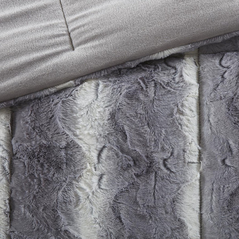 Très grand édredon en fausse fourrure très grand gris, 4 pièces avec édredon, 2 taies décoratives, coussin décoratif doux