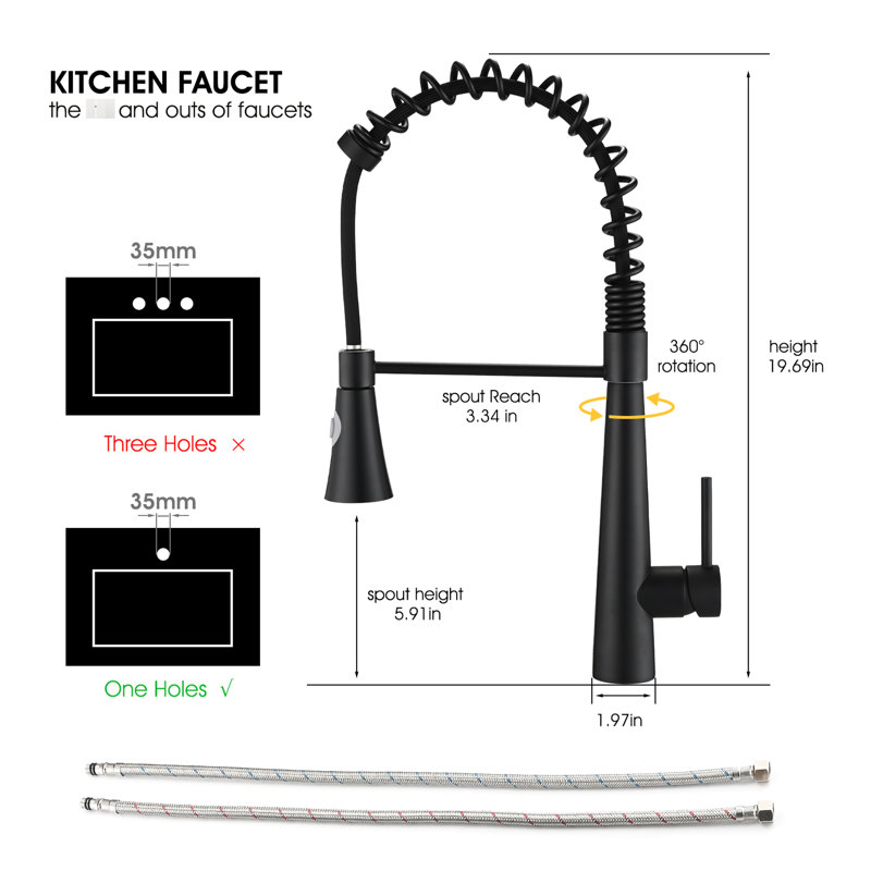 Robinet de cuisine noir mat avec tirette et support magnétique, acier inoxydable noir, acier pulvérisé