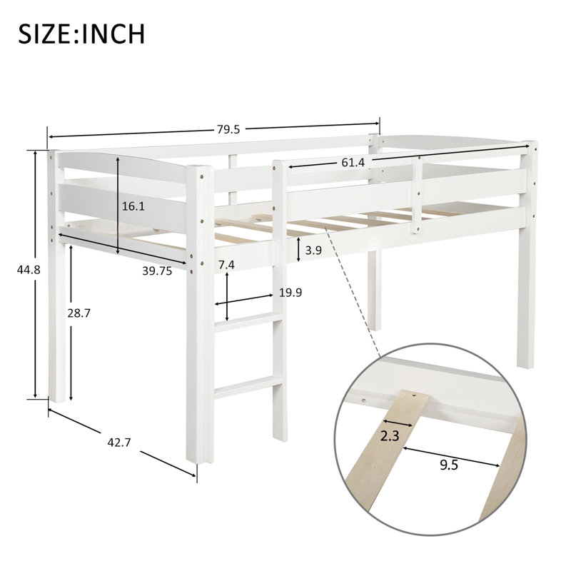 Lit simple mezzanine en bois massif blanc. Améliorez l'espace de votre chambre à coucher. Inclus. Élégant. Le cadre 79,5 po x l 42,7 po x L 44,8 po maximise l'espace et la durabilité.