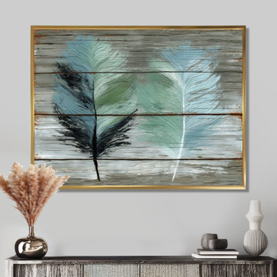 «Boho Wood Texture Feather», reproduction d'art sur toile encadrée, art mural Boho vert