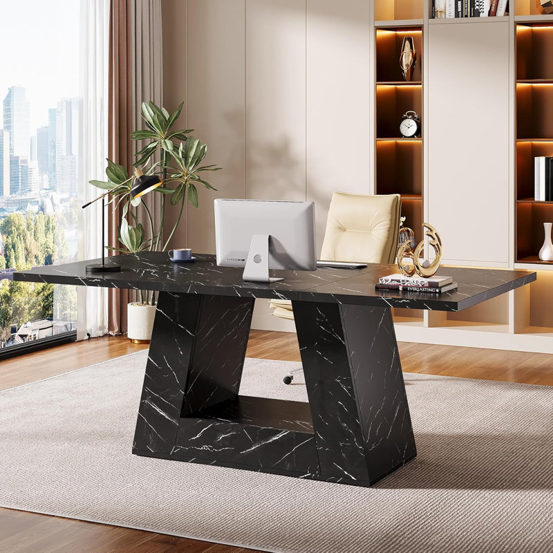 63" Modern Executive Desk With Sturdy Base, Black