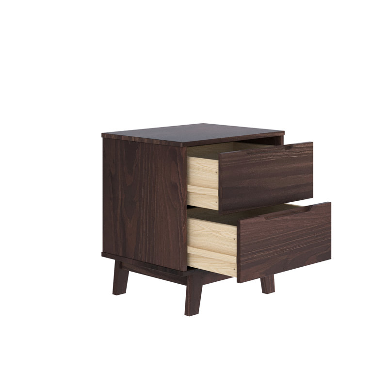 Table de chevet en bois massif à 2 tiroirs Jarred, Individuel, Noyer foncé