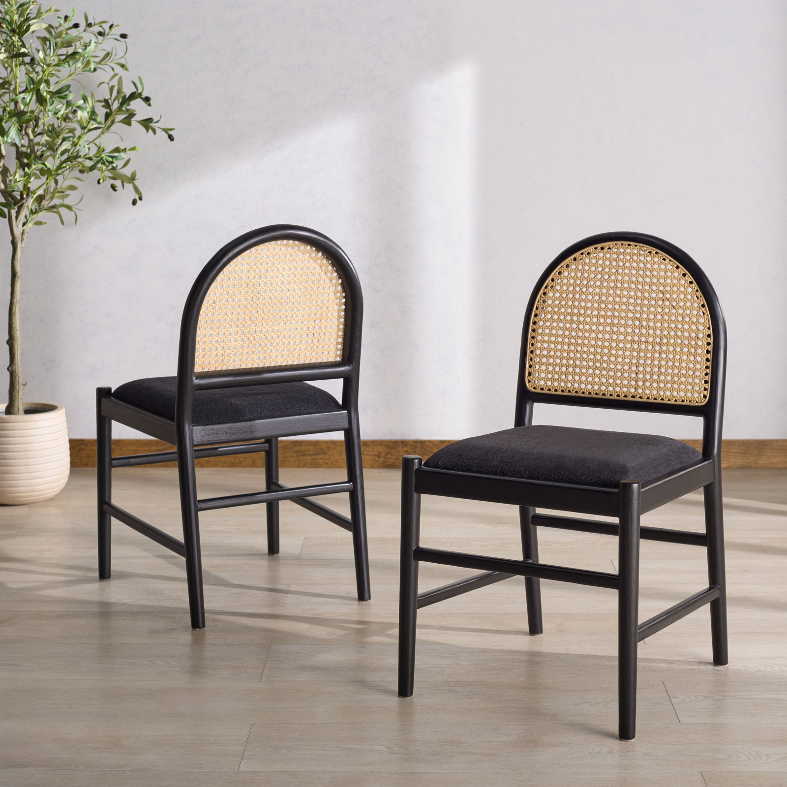 Ottavia Rattan And Leather Dining Chair, Black, Black Boucle