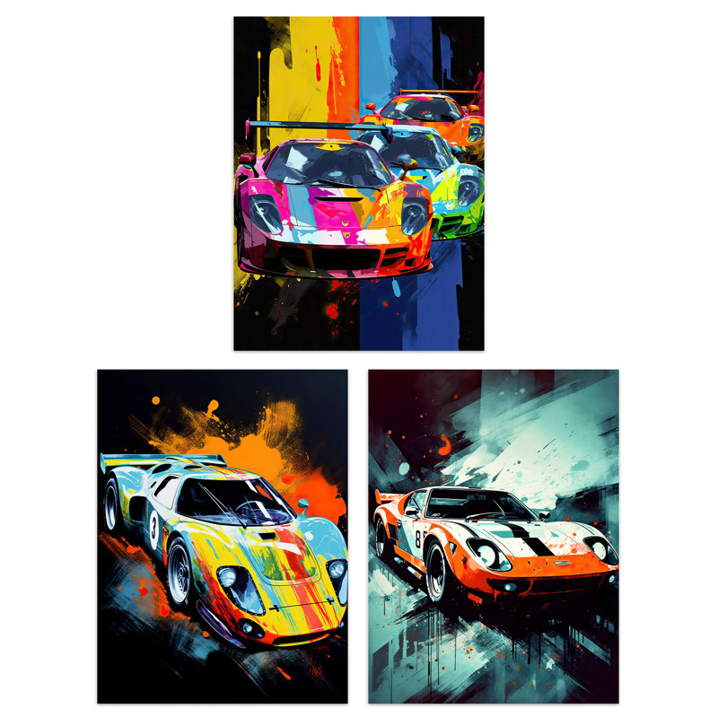 Racing Car Motorsport Grand Prix Bright Colourful - 3 Piece No Frame Print Set, 29.7cm H x 21cm W x 0.4cm D