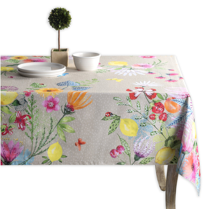Floral 100% Cotton Tablecloth, 90" L x 60" W, Fog