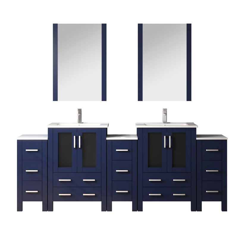 Meuble-lavabo double bleu marine, 84 po L, comptoir en céramique blanche, robinet, 22 miroirs, armoires latérales, longue durée, comptoir à rayures et à taches, usure du robinet, surface,