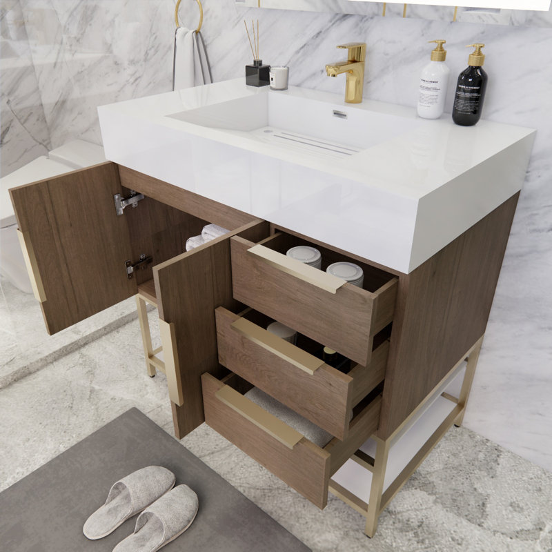 Ensemble de meuble-lavabo simple 36 po Glasgow, Blanc brillant, Chêne clair
