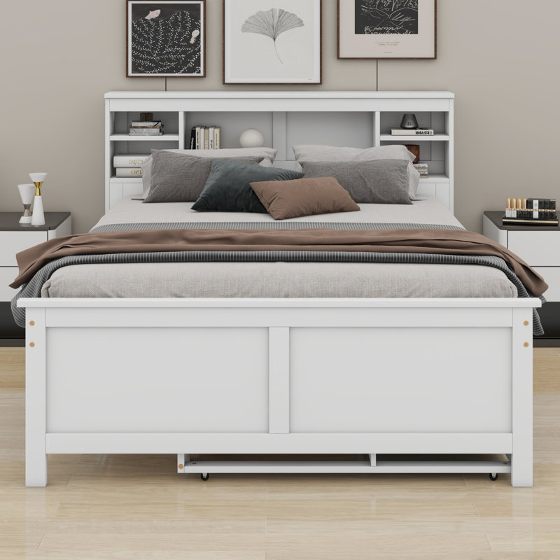 Lit plateforme avec tête de lit avec rangement, USB, lit gigogne et 3 tiroirs, Blanc, Lit double
