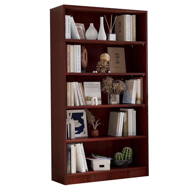Bibliothèque ajustable de 60 pouces de hauteur à 5 tablettes en bois avec construction robuste et rangement flexible pour la chambre à coucher ou le bureau.