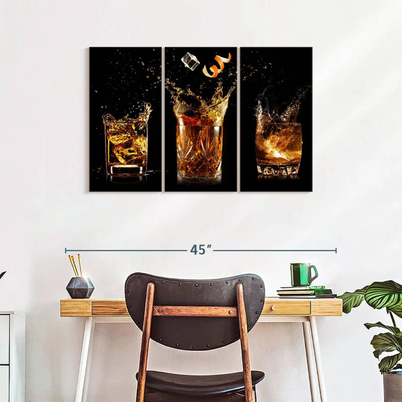 «Splashing Whiskey Glass», impression sur toile tendue 3 pièces, H 24 po x l 38 po x P 1,25 po