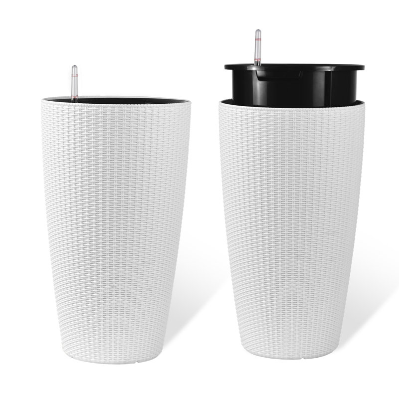 Set Of 2 Self-Watering Planter Box Faux Rattan with Water Level Monitor White Planter 12.8"Dx12.8"Wx22.17"H, White
