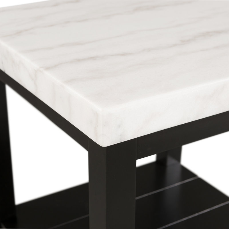 Transitional Black and White Marble Square End Table with Shelf