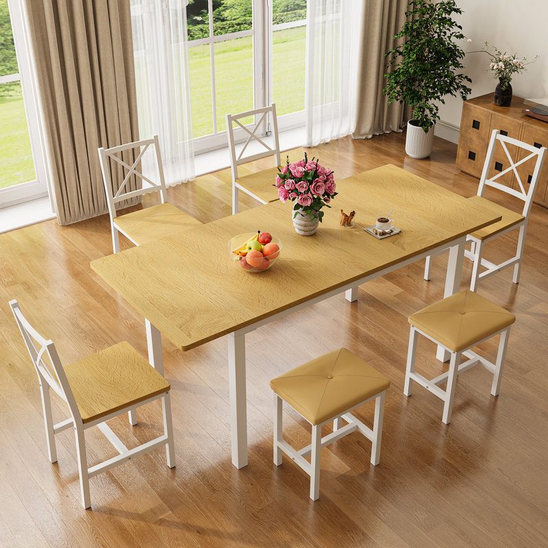 Farmhouse Style 7-Piece Dining Table Set For 4-6 People, 63" Extendable Kitchen Table Set With 4 Dining Chairs And 2 PU Upholstered Stools