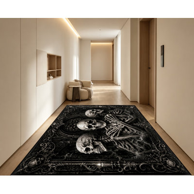 Tapis de style gothique squelette, squelette double foncé avec motif floral audacieux, artistique audacieux, lavable à la machine, envers antidérapant, tapis d'intérieur unique pour le salon, la chambre à coucher, le dortoir, un appartement