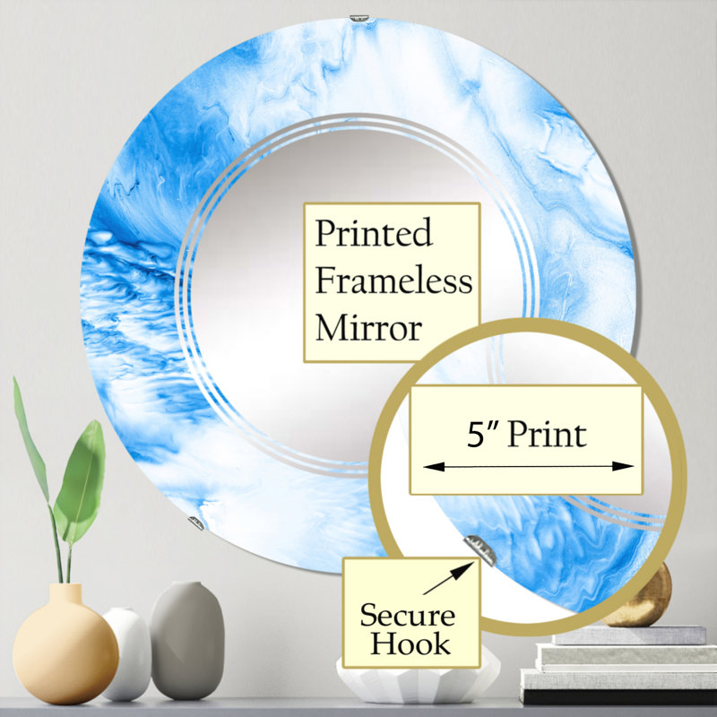 Vagues bleues et blanches liquides Art V - Miroir mural moderne rond, 24 po x 24 po