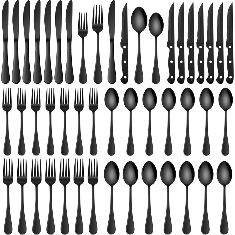 Ensemble de couverts 48 pièces en acier inoxydable avec 8 couteaux à steak, couverts polis miroir pour 8, revêtement en titane noir