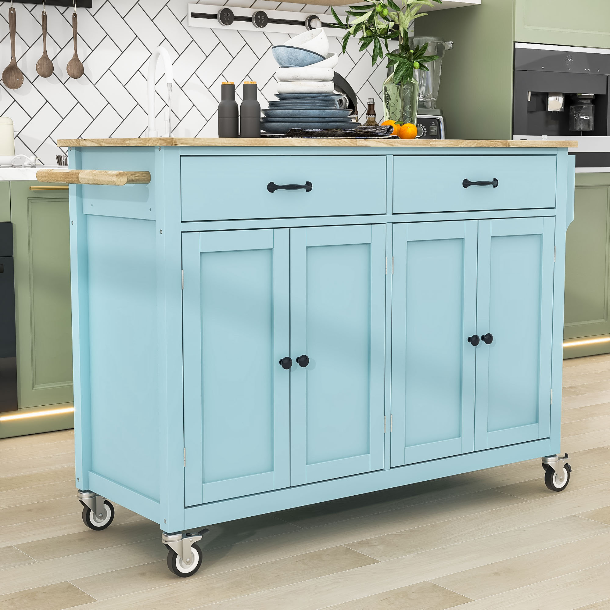 Lark Manor Hajra Modern Kitchen Island Cart With Solid Wood Top Adjustable Shelves And Locking