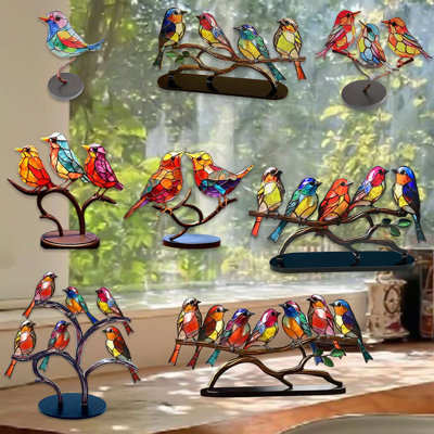 6 Birds on Branch Metal Desktop Decor, Modern Bird Sculpture for Home Office Window Garden, Perfect Gift for Bird Lovers
