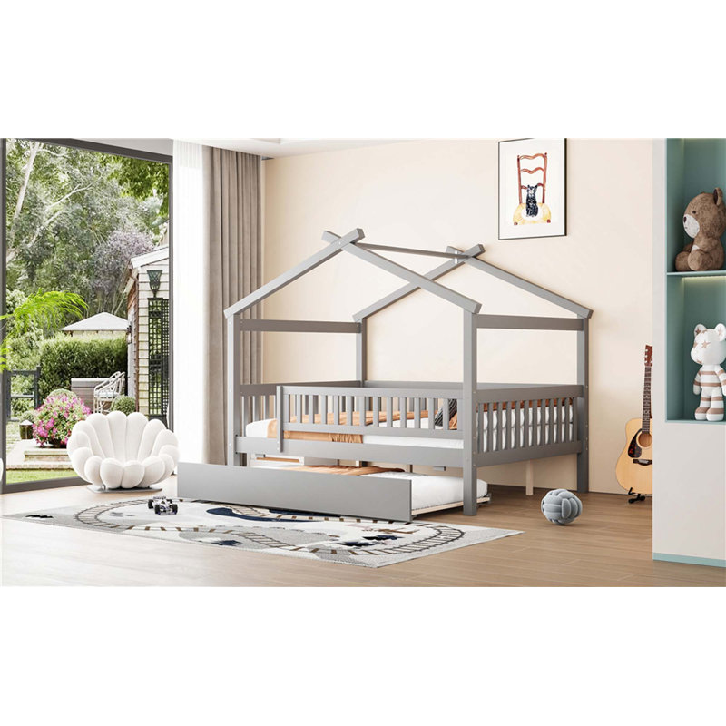 Lit en bois avec lit gigogne simple, Gris, Lit double