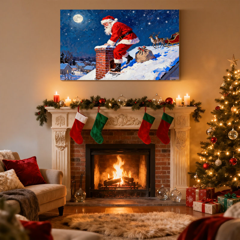 Ensemble de 3 reproductions d'art sur toile, "Christmas Santa Climbs Chimney Under Moonlit Sky", H 12 po x l 18 po