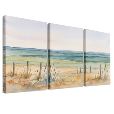 Ensemble de 3 toiles murales représentant des dunes de sable et une clôture en bois, à l'aquarelle