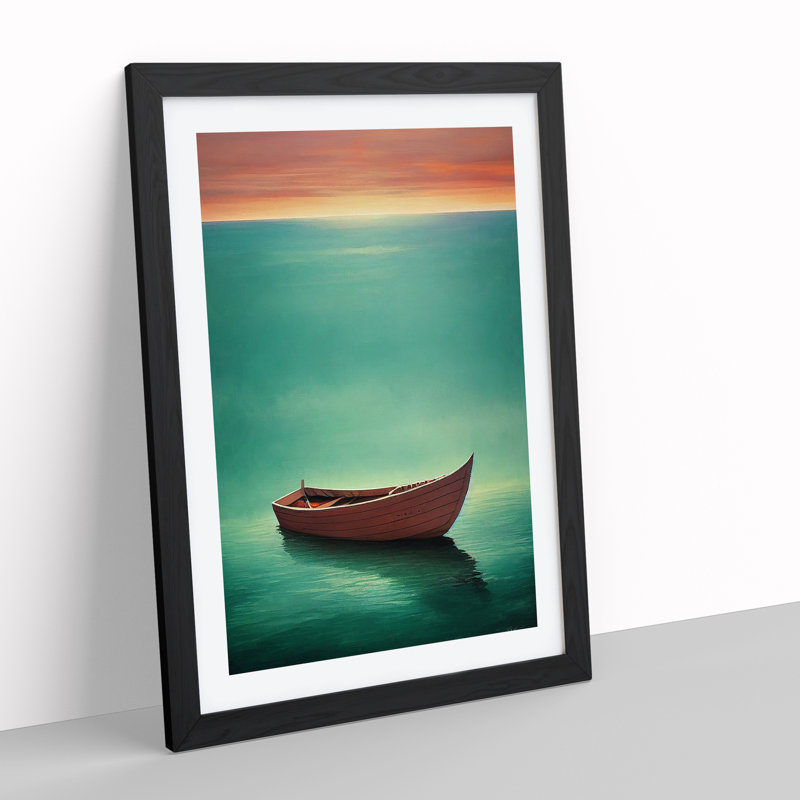 Wooden Boat On The Ocean - Single Picture Frame Print, Black Framed, 64cm H x 46cm W x 2cm D