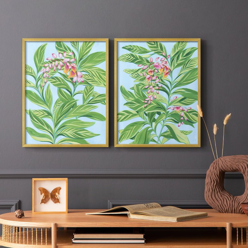 Impression encadrée tropicale Ginger I-Premium - prête à être accrochée - aucun clou requis - aucun clou requis, Doré