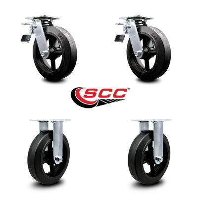 8 Inch Rubber on Steel Caster Set with Ball Bearings 2 Brakes 2 Rigid SCC