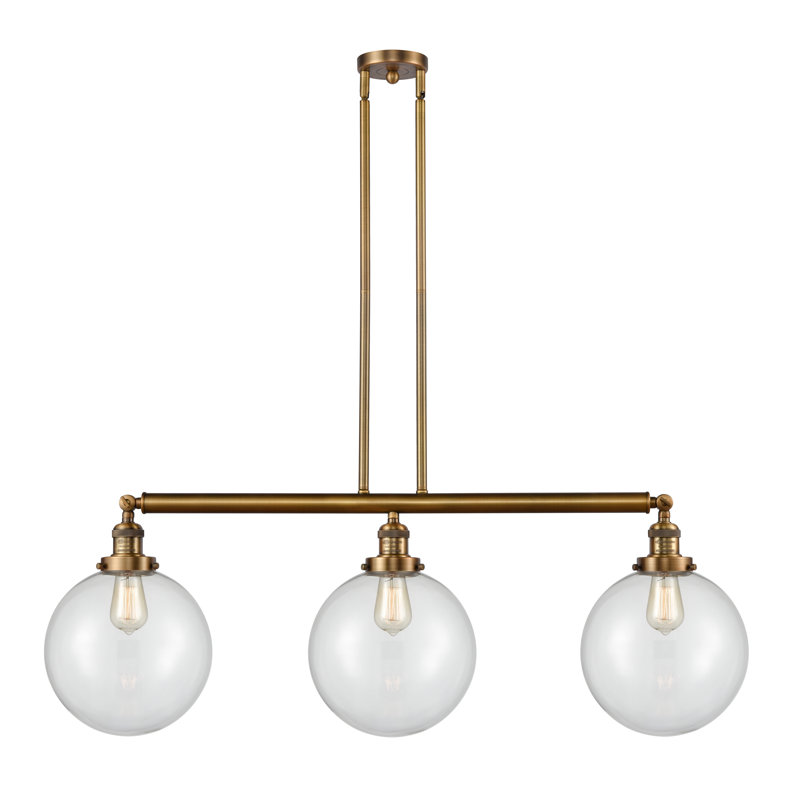 Luminaire suspendu linéaire à 3 lumières pour îlot de cuisine Lehmann, Transparent, Laiton brossé, DEL