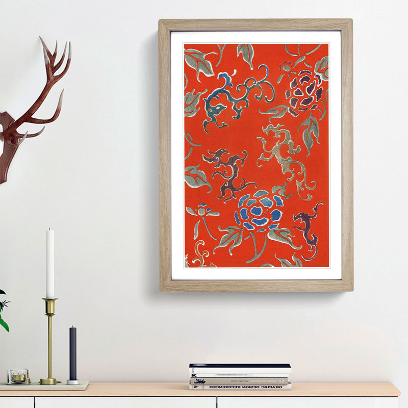 Orange Floral Pattern by Watanabe Seitei - Picture Frame Painting Print, 36cm H x 27cm W x 2cm D, Oak Framed