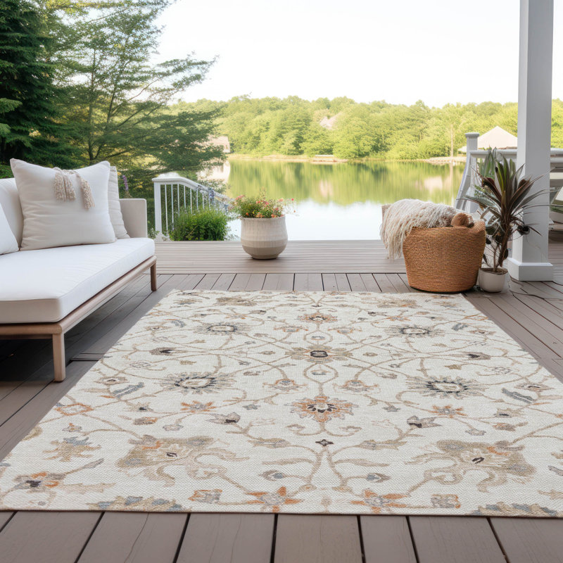 Ivory Rectangular Synthetic Washable Indoor/Outdoor Rug