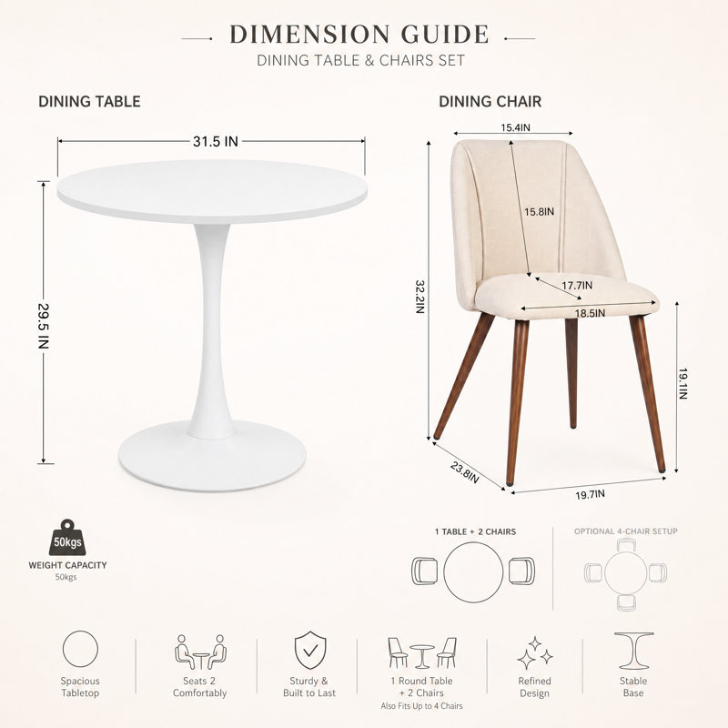 Ensemble de salle à manger rond 3 pièces de 80 cm avec table à pied centrale blanche et chaises rembourrées, Blanc, Beige