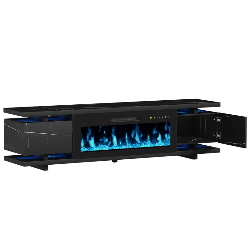 69"Media Console For TVs Up To 80" With Electric Fireplace, Large TV Stand with Led Light, Black Marble