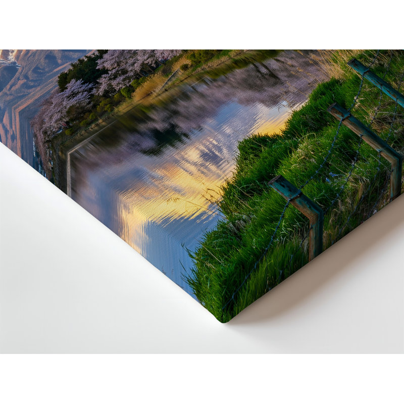 Toile, "Tranquil Spring Scene Doting A Majestic Snow Capped Mountain", art mural sur fond entouré de cerises délicates