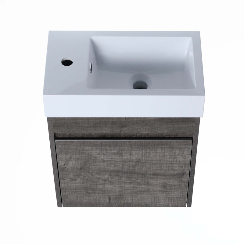 Meuble-lavabo flottant mural avec lavabo, Chêne gris carreauté