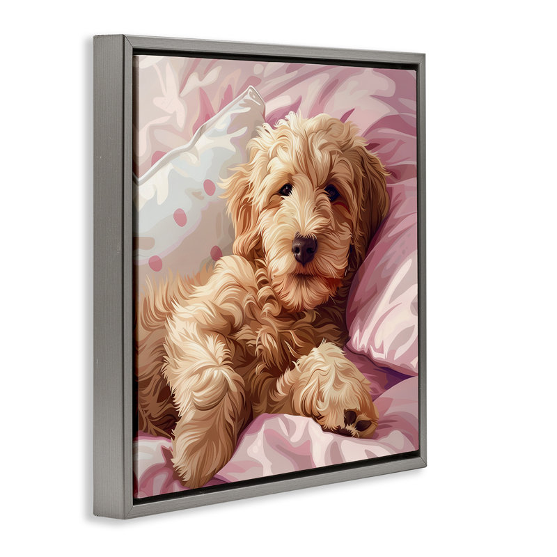  «Sleepy Labradoodle in Bed», art mural sur toile par Jim Baldwin, H 25 po x l 25 po, Cadre flottant gris lustré