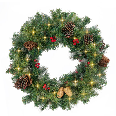 24" Green Snow-Tipped PVC Christmas Wreath With Red Berries And Pine Cones