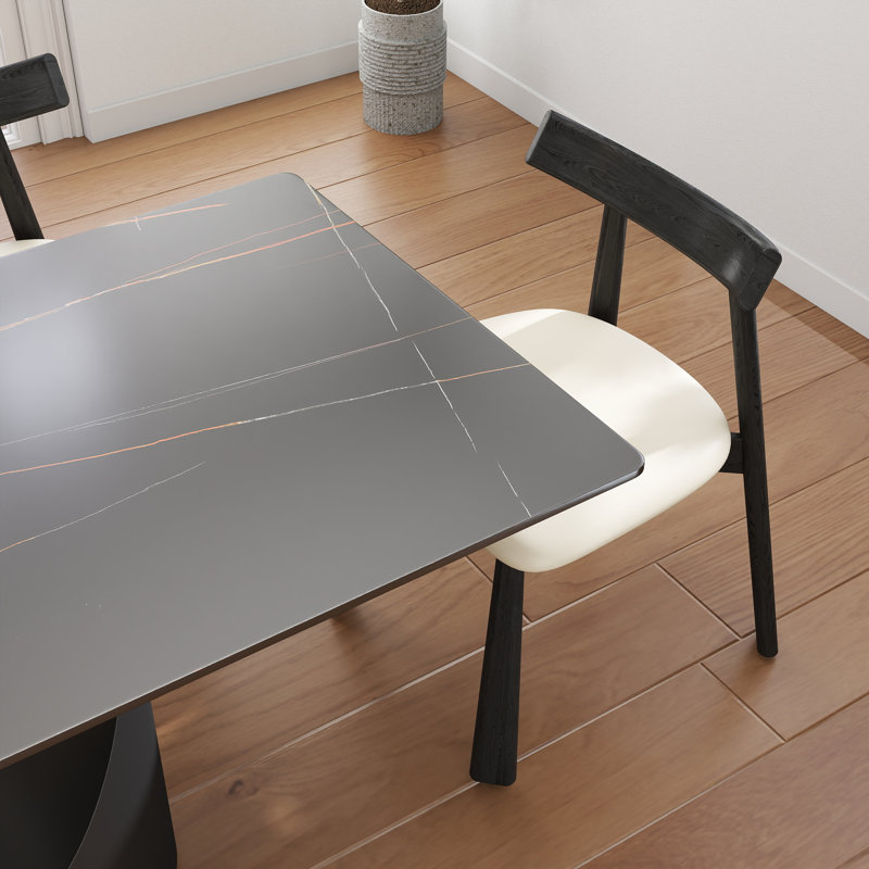 7-Piece Modern Rectangular Sintered Stone Dining Table Set With 6 Faux Leather Chairs, Lauren Blackgold, Beige/Black, Black