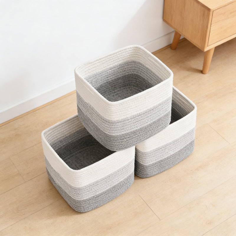 Cotton Rope Storage Baskets 3-Pack, Cube Organizer Bins For Toys Clothes Towels, Foldable Square Decorative Baskets For Shelf Closet Nursery Bathroom Pantry Organization