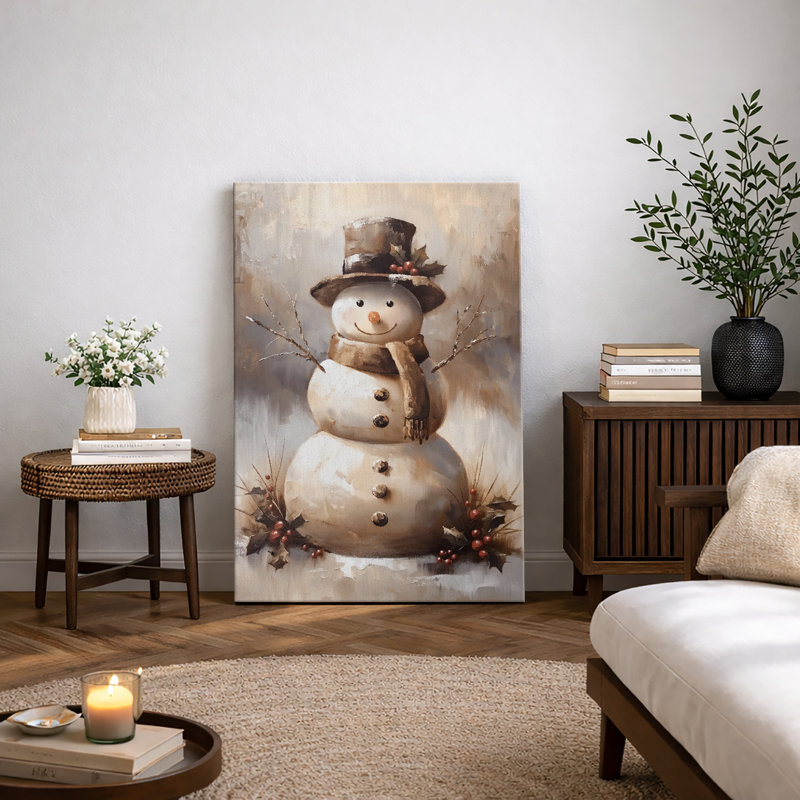 Charmant bonhomme de neige souriant avec écharpe et chapeau haut de forme, H 36 po x l 24 po, Toile tendue