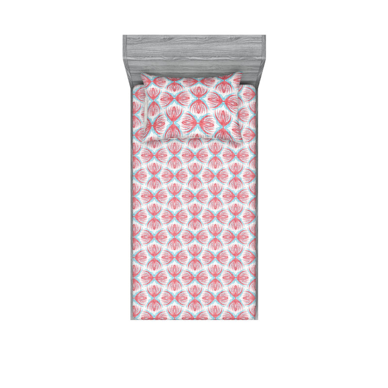 Ambesonne Fitted Sheet & Shams, Coral/Sky Blue Abstract, Twin Sheet Set with 1 Pillowcase