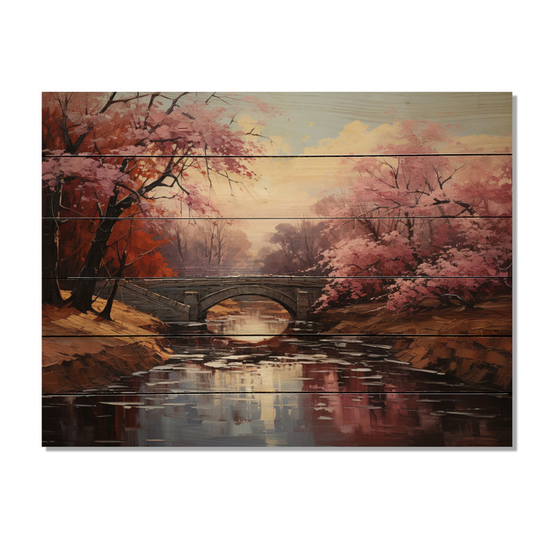 Cherry Blossom Wall Art: Asian Cherry Blossom Bidge On Wood