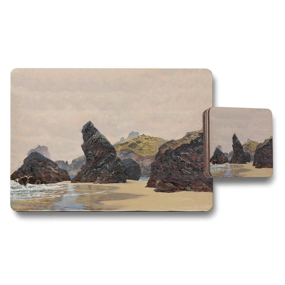 Coastal Rock Formations Beach Scene Placemat And Coaster Set