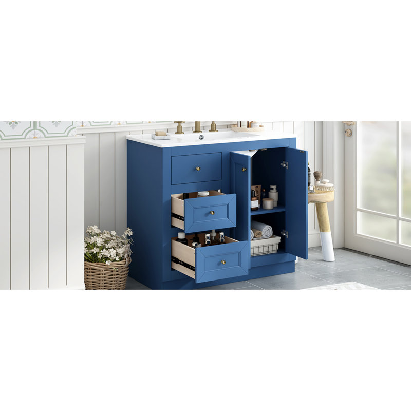 De salle de bain "avec lavabo en céramique, armoire de rangement autoportante avec 2 tiroirs et tablette, bois massif, bleu