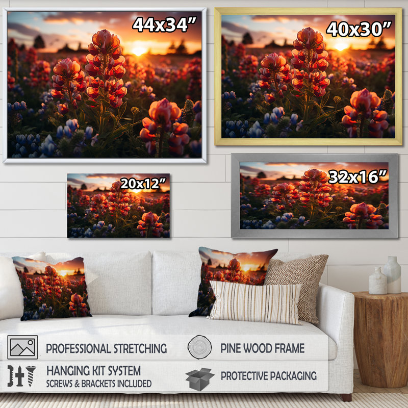 «Red Bonnets Field With Orange Sunset - Blue Bonnets», reproduction d'art sur toile FDP107240, H 12 po x l 20 po x P 1 po