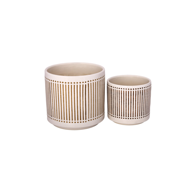 Ceramic Round Planter with Ribbed  Pattern Design Body Set Of Two  Gloss Finish Reactive White..8.00"x8.00"x7.00"H; 6.00"x6.00"x6.50"H