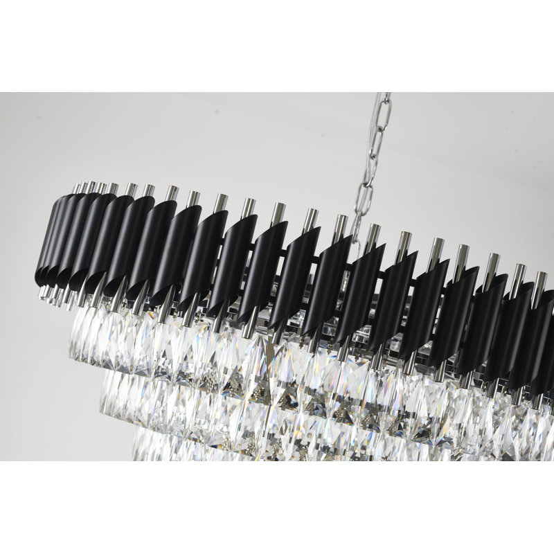 Lustre 16 lumières chromé et noir avec cristaux transparents