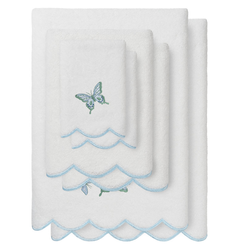  100% Turkish Cotton BRITNEY Scallop 6PC Embellished Towel Set, White/Blue, 6 Piece Towel Set