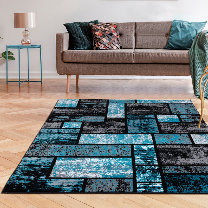 Tapis abstrait bleu / gris / noir Catalan, Rectangle 5 pi 2 po x 7 pi 2 po